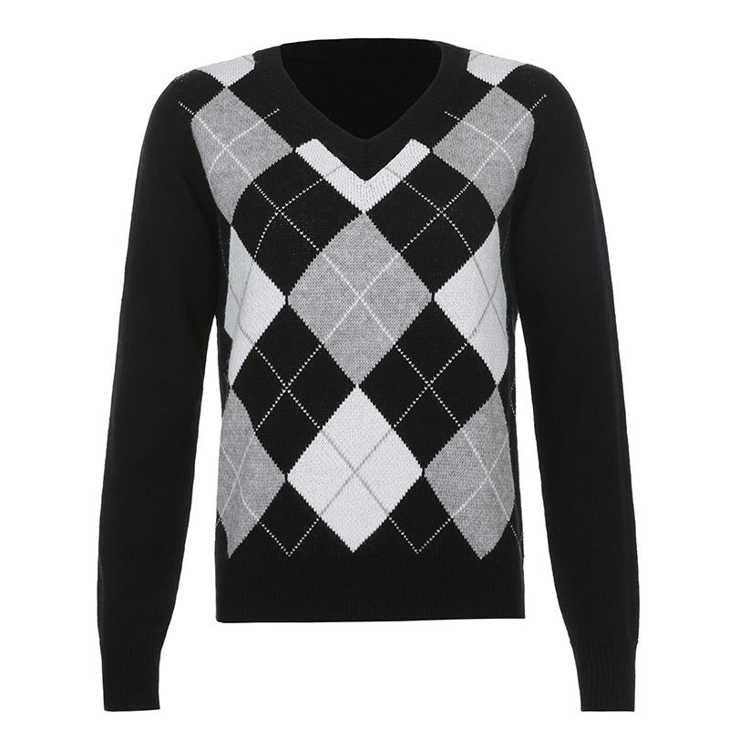 Black Argyle Print Sweater