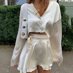 Satin Shirt And Wrap Skirt Set