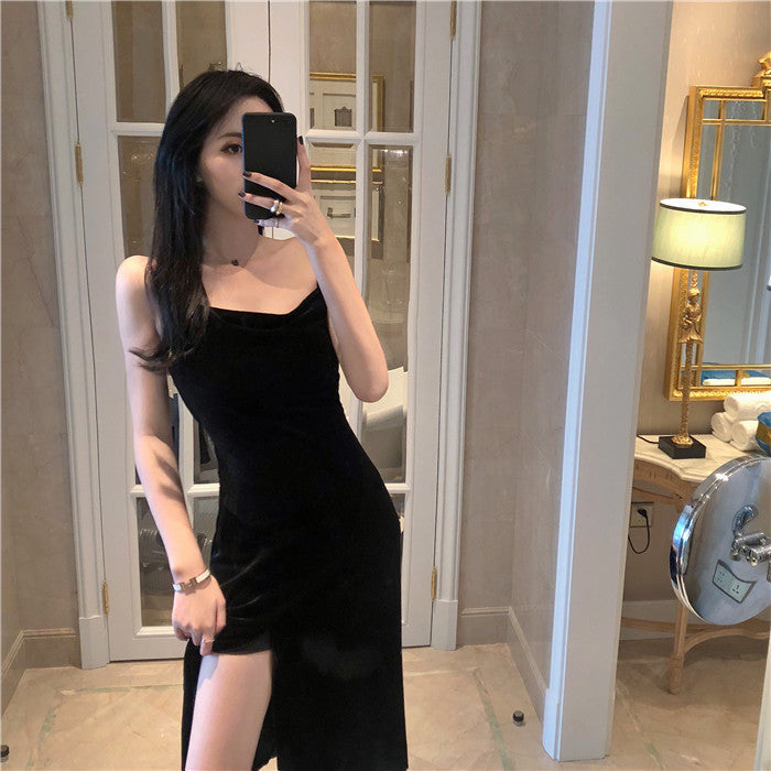 Black Velvet Slit Midi Dress