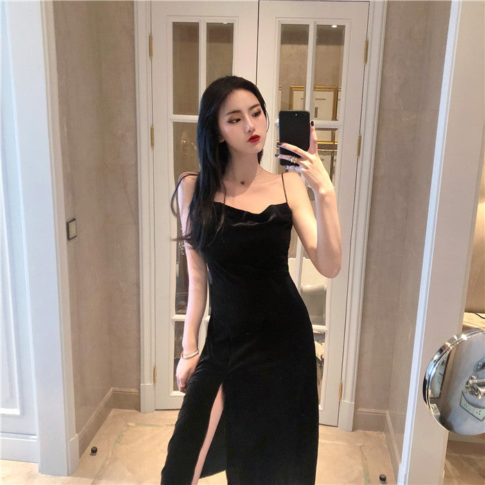 Black Velvet Slit Midi Dress