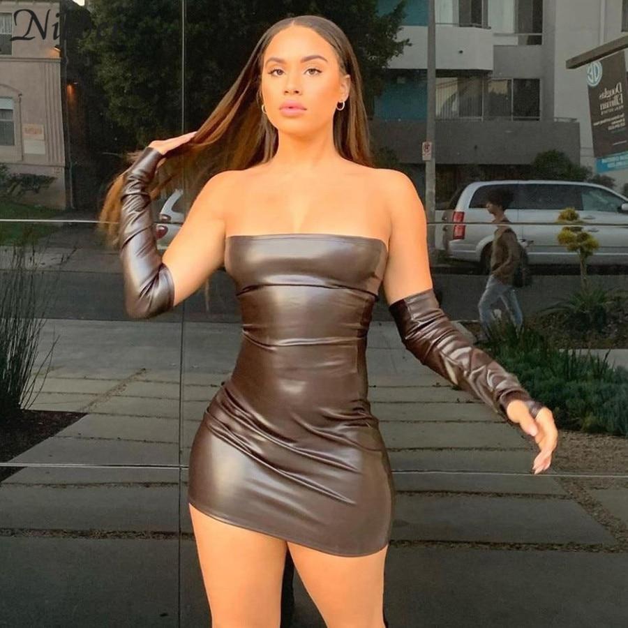 Faux Leather Tube Dress With Gloves