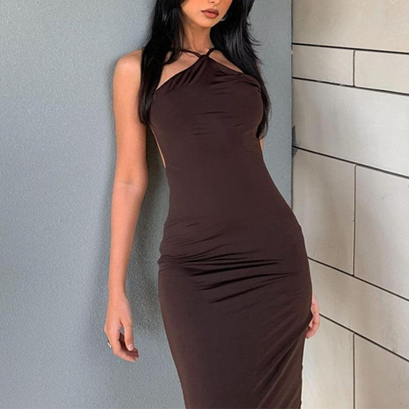 Brown Halter Backless Midi Dress