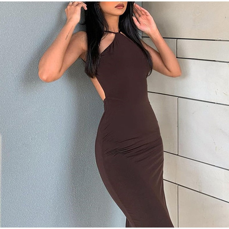 Brown Halter Backless Midi Dress