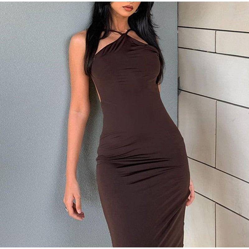 Brown Halter Backless Midi Dress