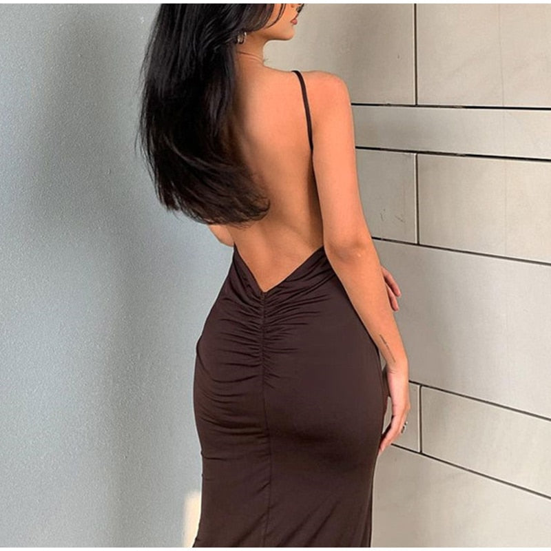 Brown Halter Backless Midi Dress