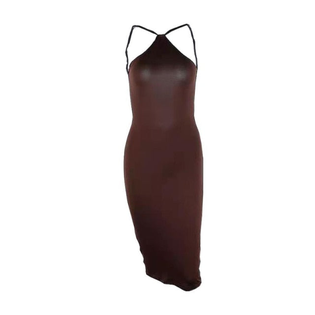 Brown Halter Backless Midi Dress