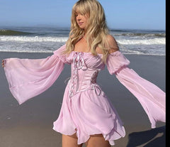 Chiffon Detachable Corset Puff Sleeve Mini Dresses