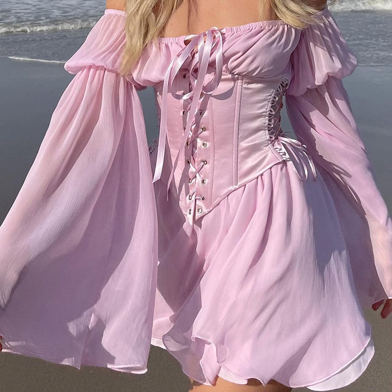 Chiffon Detachable Corset Puff Sleeve Mini Dresses