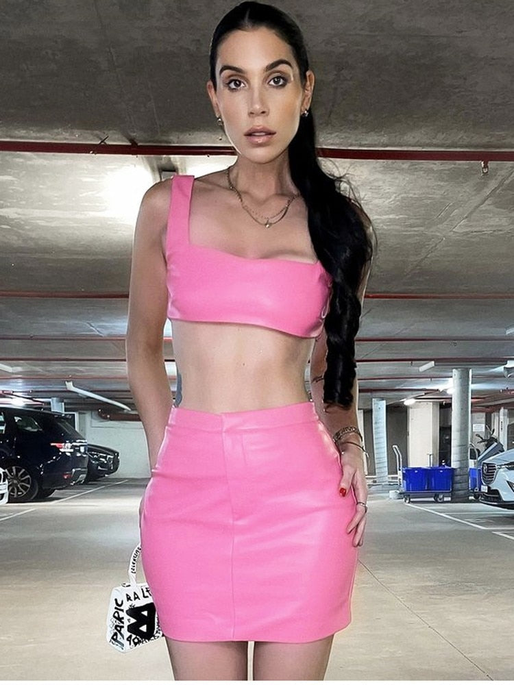 Pink Faux Leather Two Piece Skirt And Bralette Set