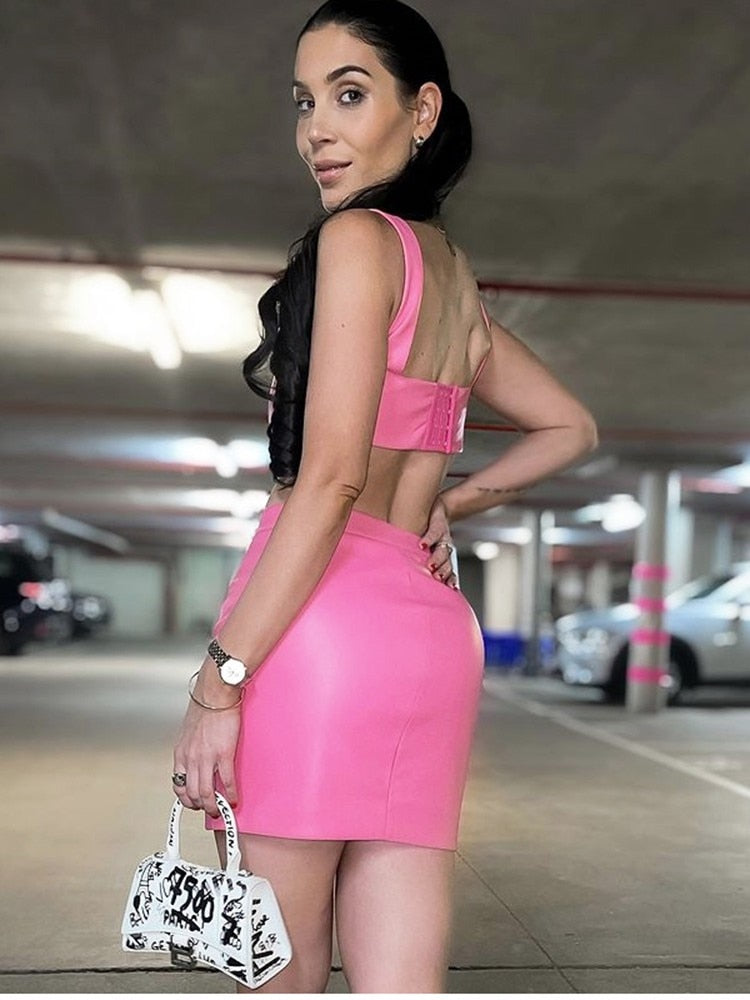 Pink Faux Leather Two Piece Skirt And Bralette Set