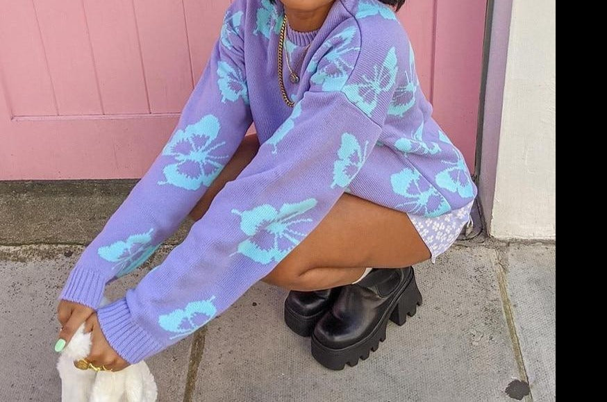 Purple Butterfly Print Sweater