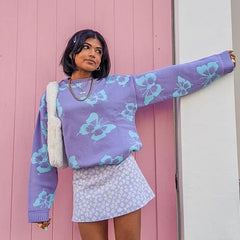 Purple Butterfly Print Sweater