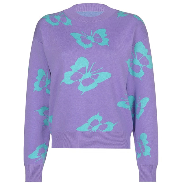 Purple Butterfly Print Sweater