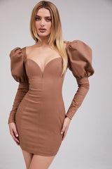 Puff Sleeve Deep V Bodycon Cocktail Party Mini Dress - Coffee