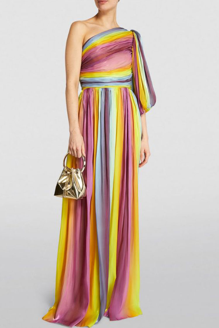 Radiant Striped One Shoulder Puff Sleeve Ruched Split Prom Maxi Dress - Rainbow