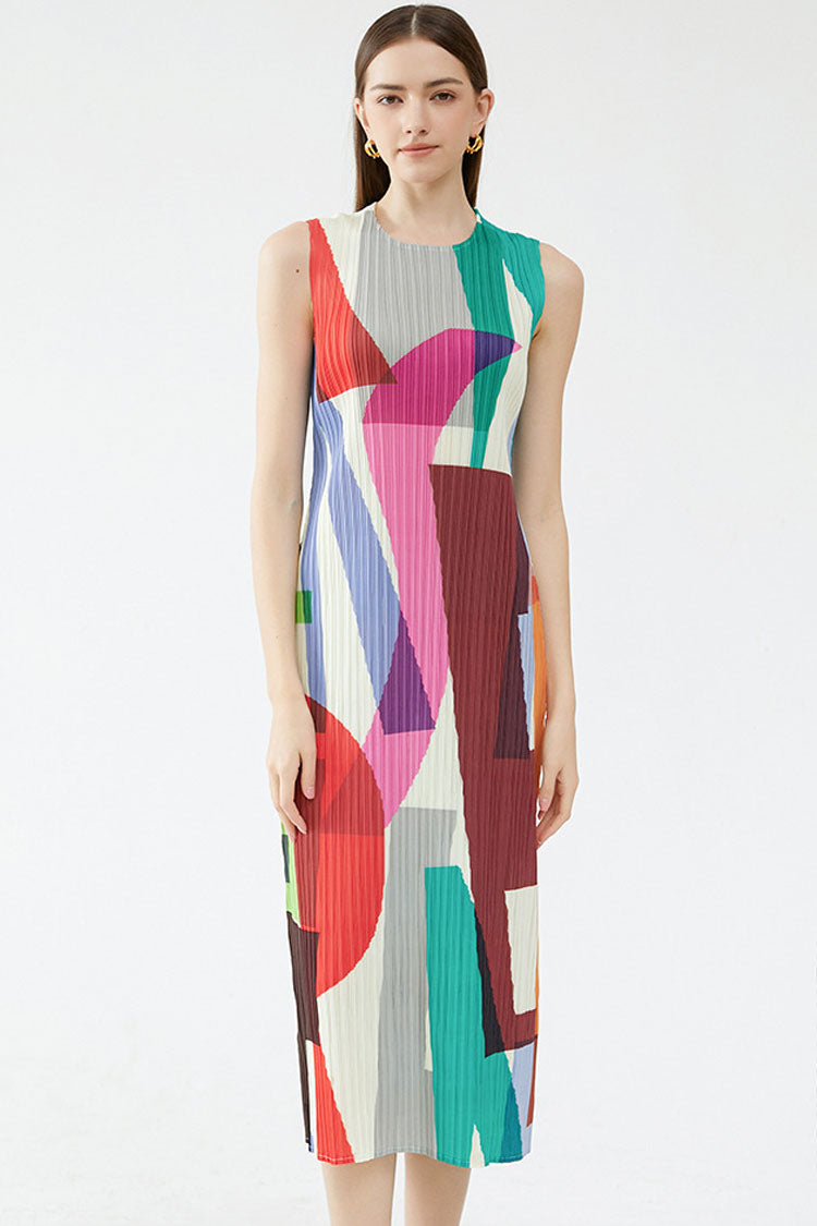 Relaxed Color Block Sheath Pleated Sleeveless Midi Dress - Multicolor