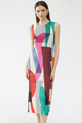 Relaxed Color Block Sheath Pleated Sleeveless Midi Dress - Multicolor