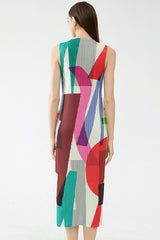 Relaxed Color Block Sheath Pleated Sleeveless Midi Dress - Multicolor