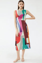 Relaxed Color Block Sheath Pleated Sleeveless Midi Dress - Multicolor