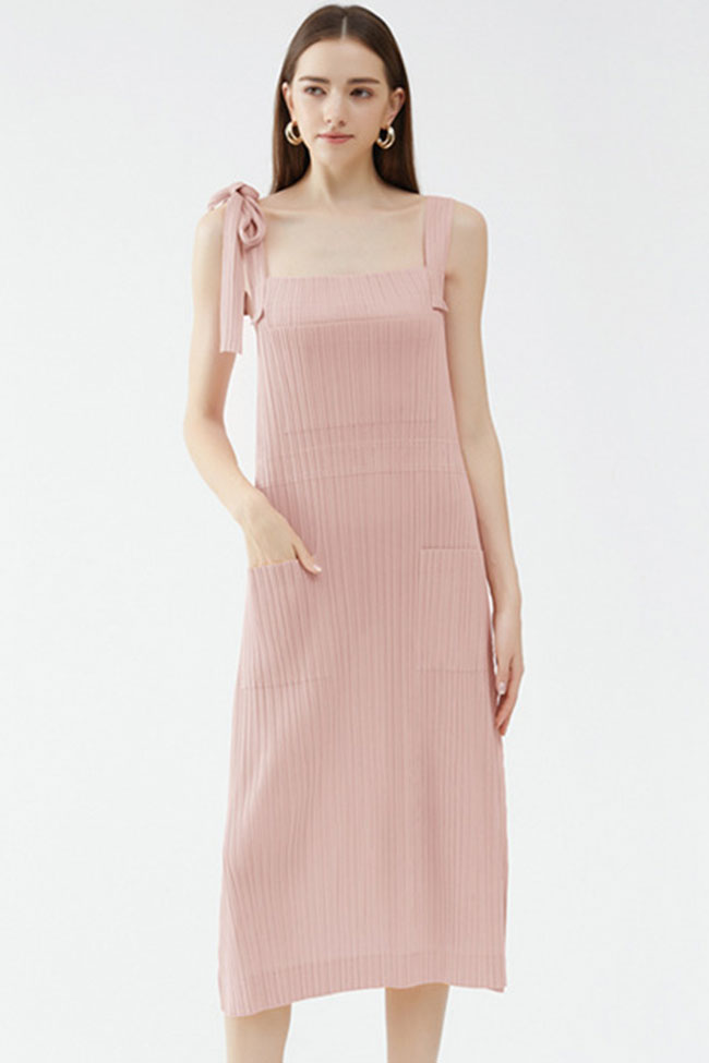 Relaxed Square Neck Tie Strap Pocketed A Line Pleated Midi Sundress - Pink