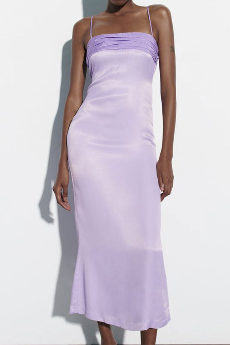 Romantic Pleated Square Neck Bow Back Cocktail Party Midi Dress - Purple