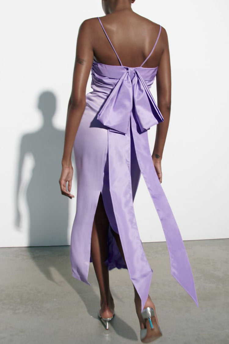 Romantic Pleated Square Neck Bow Back Cocktail Party Midi Dress - Purple