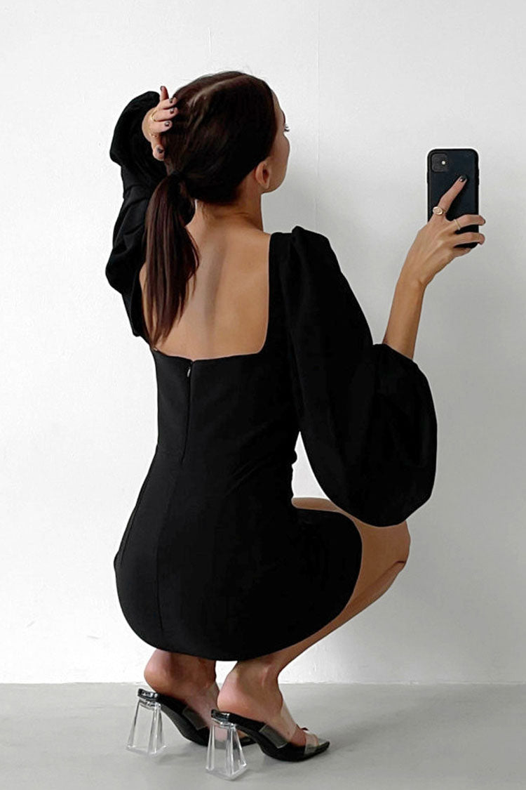 Romantic Sweetheart Neck Bishop Sleeve Bodycon Party Mini Dress - Black