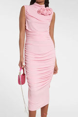 Rosette Applique High Neck Sleeveless Ruched Cocktail Party Midi Dress - Pink