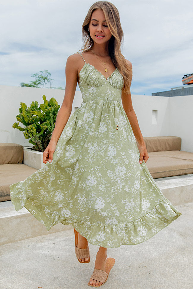 Ruffle Deep V Floral Print Slip Midi Dress - Light Green