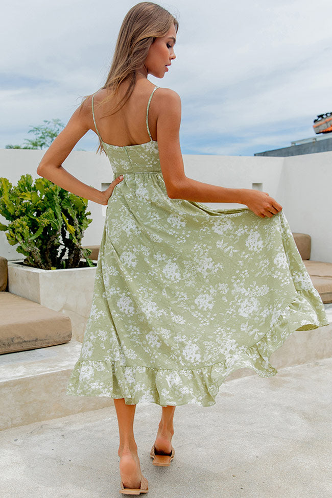 Ruffle Deep V Floral Print Slip Midi Dress - Light Green