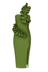 Ruffle One Shoulder Bandage Cocktail Party Midi Dress - Green