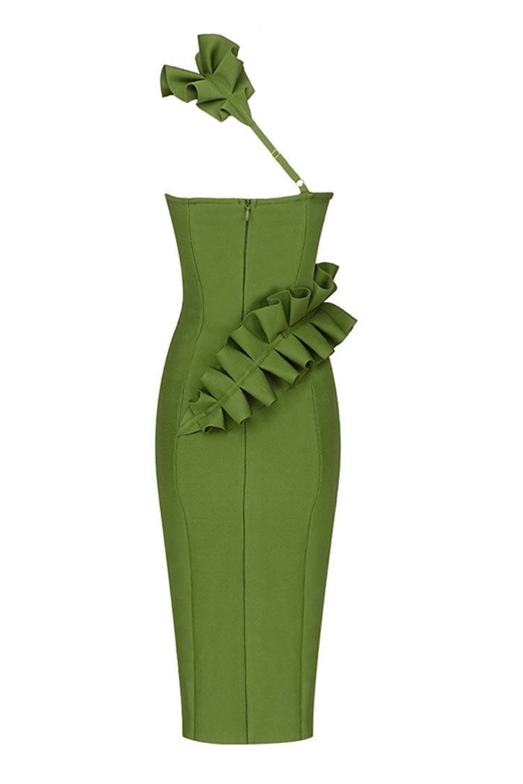 Ruffle One Shoulder Bandage Cocktail Party Midi Dress - Green