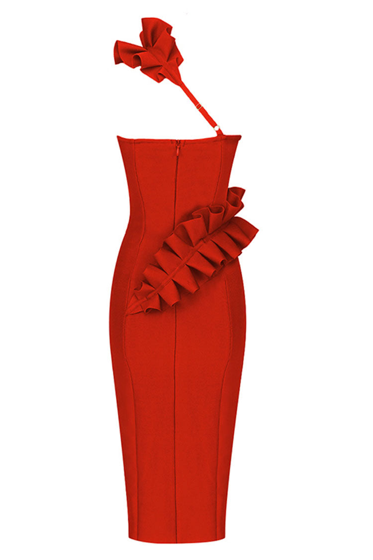 Ruffle One Shoulder Bandage Cocktail Party Midi Dress - Red