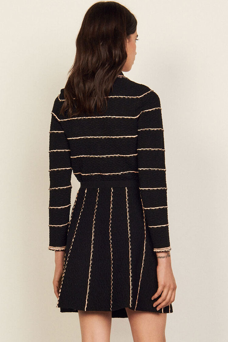 Scalloped Striped Cardigan Knit Skirt Two Piece Mini Dress - Black