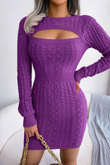 Sexy Cutout Fisherman Cable Knit Bodycon Sweater Mini Dress - Purple