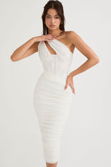 Sexy Cutout One Shoulder Ruched Bodycon Mesh Corset Midi Dress - White