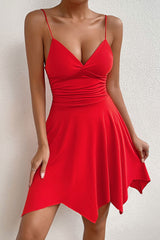 Sexy Deep V Ruched Side Flowy Fit & Flare Asymmetrical Party Mini Dress - Red