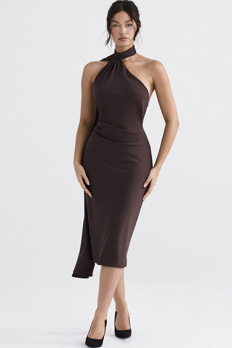 Sexy Draped Backless Wrap Halter Tie Satin Midi Dress - Chocolate