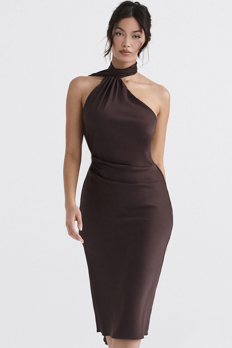 Sexy Draped Backless Wrap Halter Tie Satin Midi Dress - Chocolate