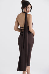 Sexy Draped Backless Wrap Halter Tie Satin Midi Dress - Chocolate