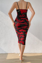 Sexy Floral Printed Mesh Ruched Bodycon Cocktail Party Midi Dress - Black