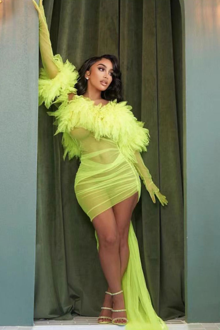 Sexy Gloved Ruffle Off Shoulder Draped Sheer Ruched Mesh Mini Dress - Neon Yellow