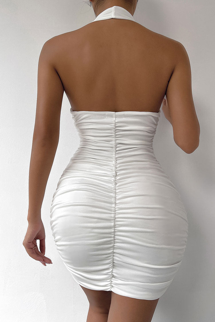 Sexy Halter Deep V Ruched Sleeveless Bodycon Party Mini Dress - White