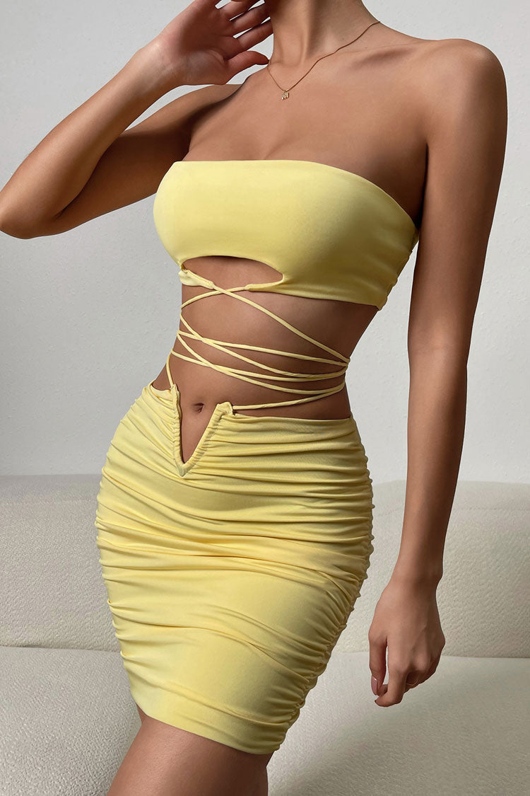 Sexy Keyhole Tube Top Wrap V Cut High Waist Two Piece Club Mini Dress - Yellow