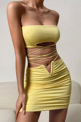 Sexy Keyhole Tube Top Wrap V Cut High Waist Two Piece Club Mini Dress - Yellow