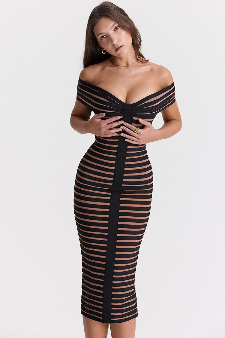 Sexy Off Shoulder Contrast Striped Bandage Cocktail Party Midi Dress - Black