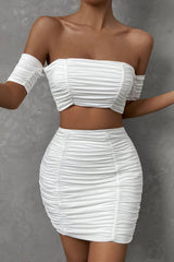 Sexy Off Shoulder Crop Top High Waist Ruched Two Piece Club Mini Dress - White