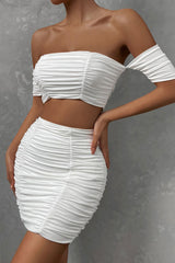 Sexy Off Shoulder Crop Top High Waist Ruched Two Piece Club Mini Dress - White