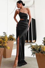 Sexy One Shoulder Cutout High Slit Fringe Trim Prom Maxi Dress - Black