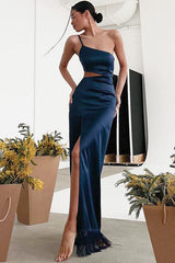 Sexy One Shoulder Cutout High Slit Fringe Trim Prom Maxi Dress - Navy Blue